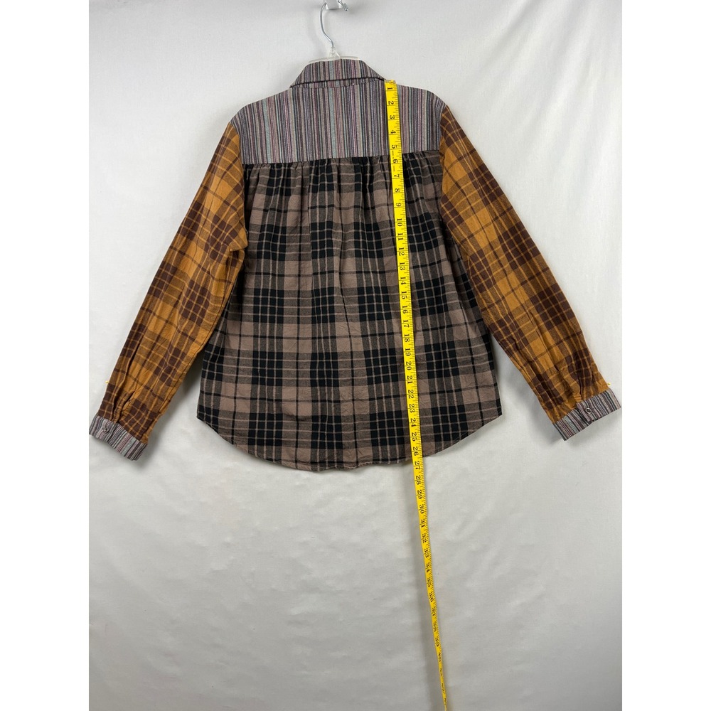 Savanna Jane Button Down Shirt Womens Medium Brown Plaid Patchwork Mixed Media - Picture 4 of 8